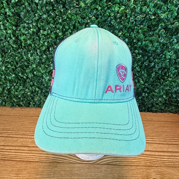 Women’s Ariat Adjustable Teal Purple Pink Striped Logo Cap Trucker Hat - Picture 1 of 11